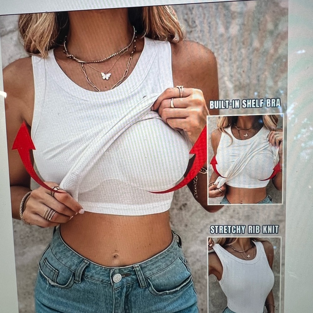 Round Neck White Ribbed Tank Top with Built-In Shelf Bra. NWOT